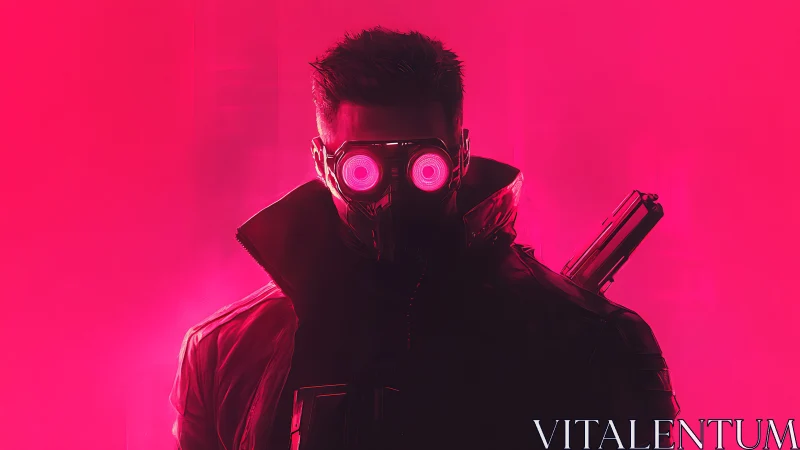 Neon-masked cyberpunk vigilante emerges from pink haze.