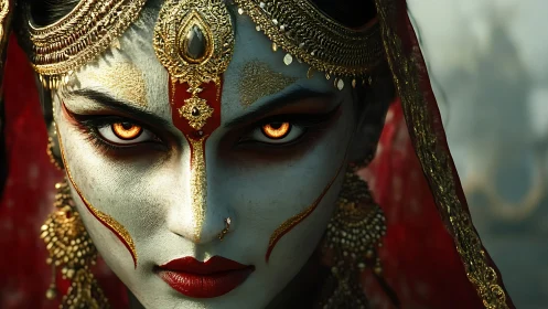 Fierce goddess-like gaze glows amid ornate golden adornment
