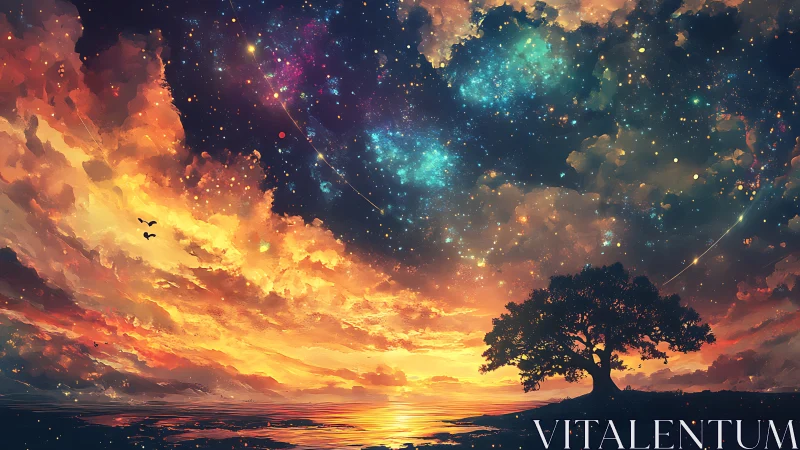 Astrophysical sunset continuum with silhouetted littoral tree.