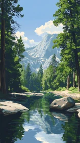 Mountain river daydream beneath quiet whispering pines.