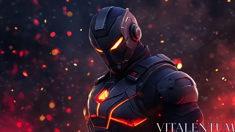 Armored futuristic warrior in glowing black and orange suit.