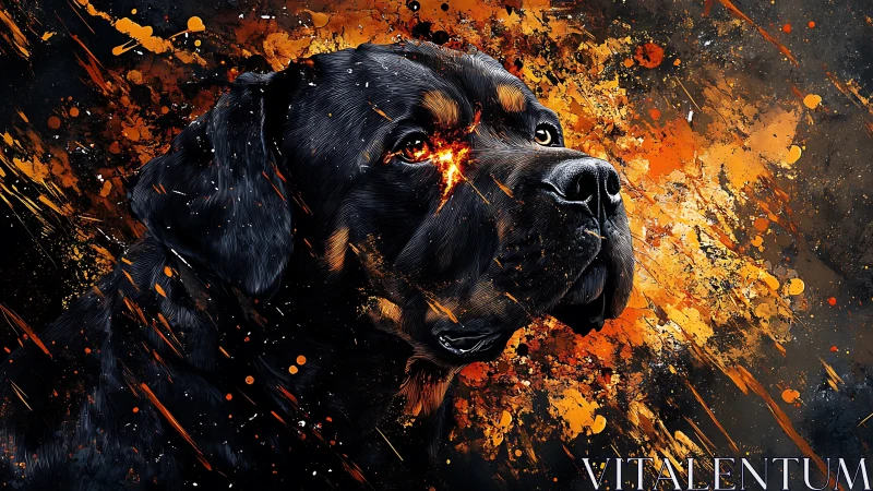 Loyal black dog glowing with fiery, bold splashes of color.