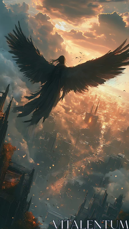 Dark angel ascends above burning futuristic city at dawn