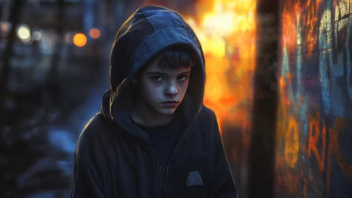 Hooded boy stalks neon alley between shadow and firelit dusk.