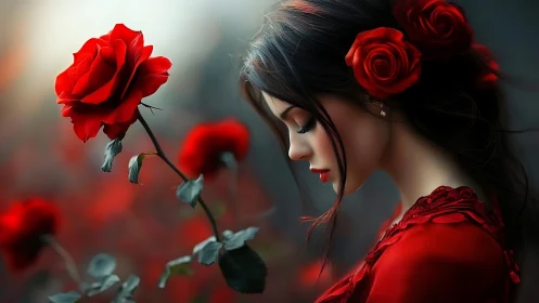 Digital painting portrait with red roses and soft bokeh depth.