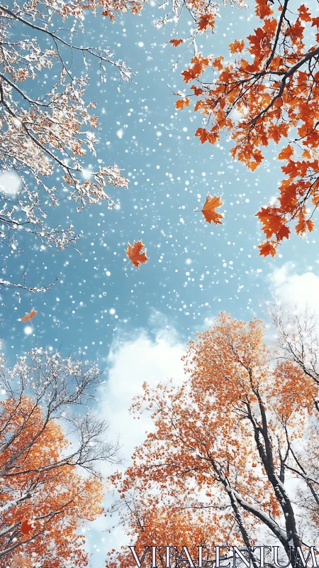 Transitional canopy with autumn foliage under soft snowfall.