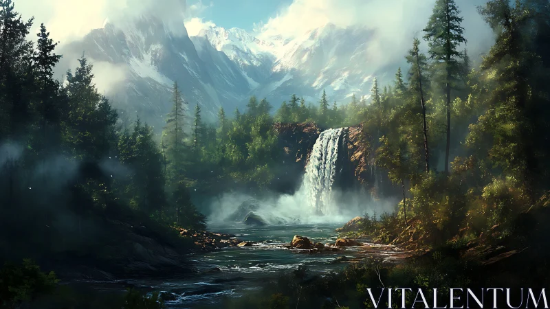 Cascading alpine waterfall divides dense conifer forest expansively