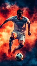 Soccer player sprints through fiery smoke with glowing ball