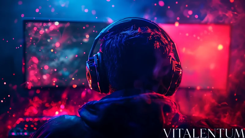 Rear gaming view with dual monitors and illuminated headset.