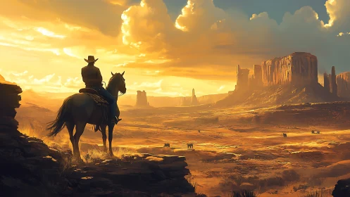Lone cowboy surveys glowing desert mesas at sunset.