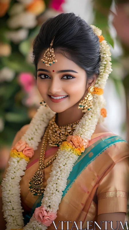 Smiling bride in traditional silk saree and jasmine garland