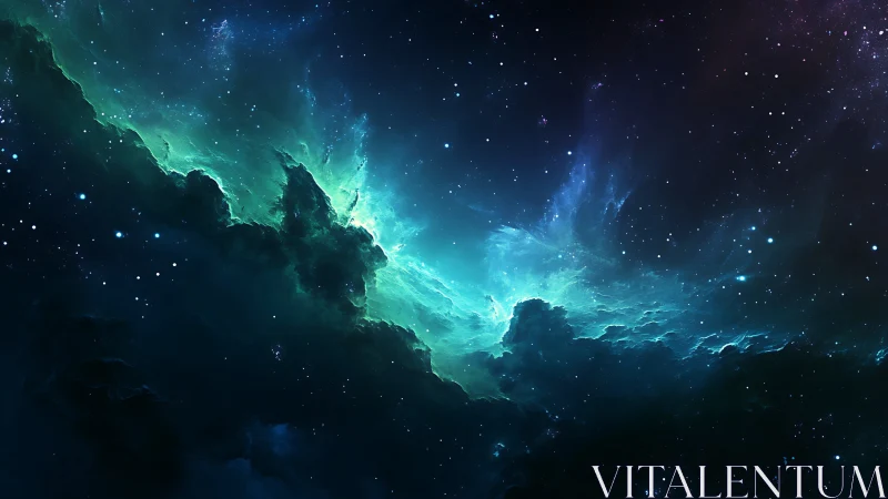 Nebula clouds erupt in luminous teal cosmic light.