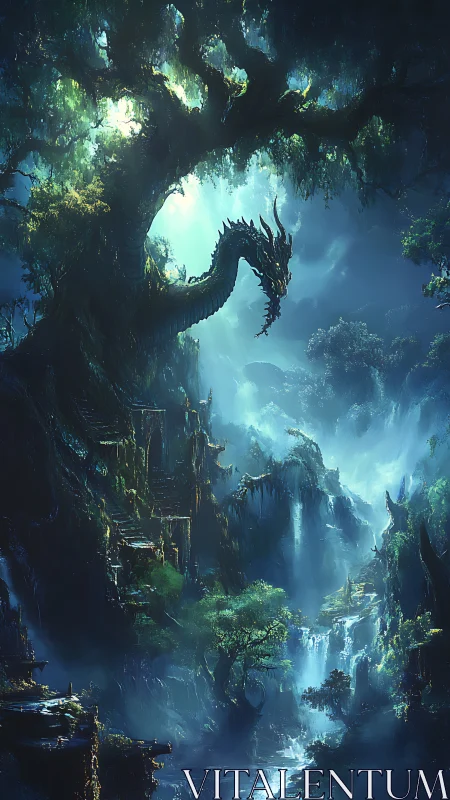 Forest dragon over luminous waterfalls in misty valley.
