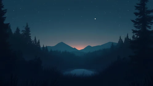 Mountain landscape at dusk with forested valley and full moon