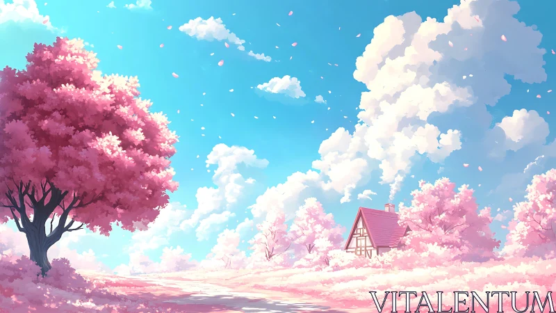 Pink blossom landscape with house under bright sky.