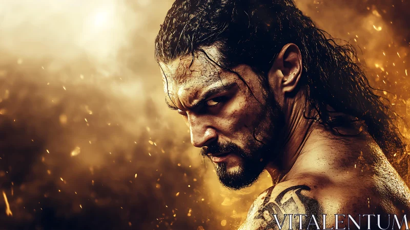 Warrior glares through swirling embers in molten gold haze