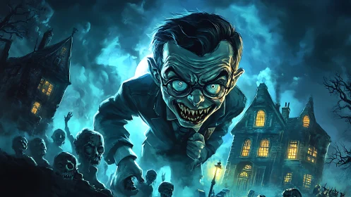 Sinister caretaker stalks a haunted mansion under eerie skies