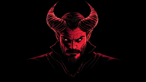 Horned demon portrait glows in stark red and black contrast.