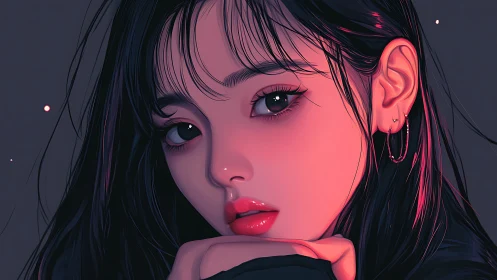 Digital portrait of young woman in pink side lighting.