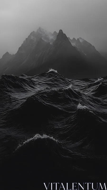Brooding black waves courting a ghostly mountain crown.