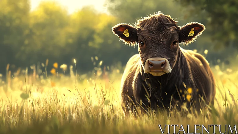 Young brown cow resting in sunlit meadow at sunrise.