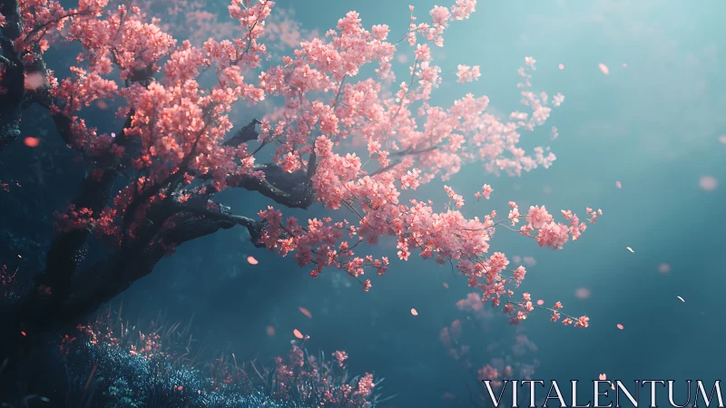 Cherry blossom tree glows softly in misty blue grove