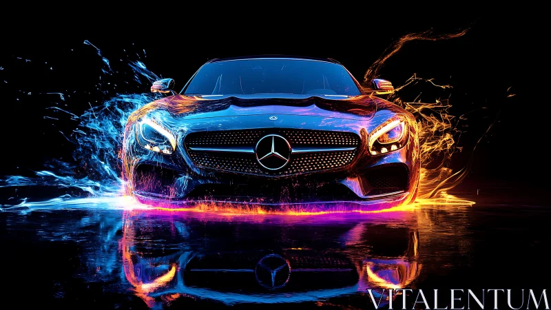 Mercedes sports coupe with dual-color light effects at night.