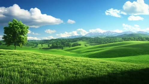 Rolling green hills bask under bright sky and gentle clouds