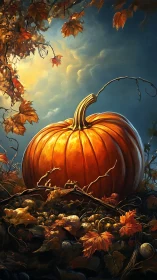 Large autumn pumpkin rests on leafy forest ground