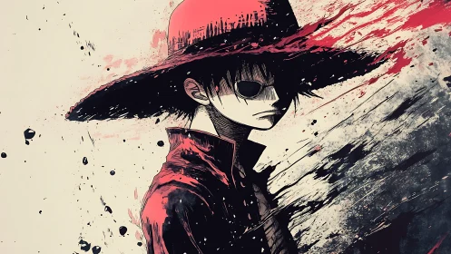 Solitary figure in wide-brim hat amid red ink dispersion.