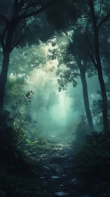 Mystical Forest Path Bathed in Ethereal Morning Light