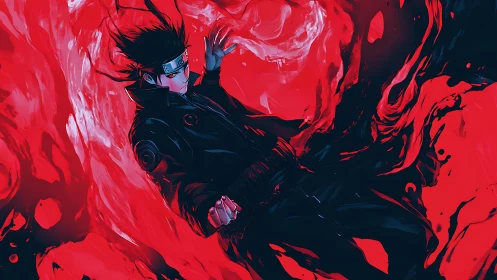 Character in dark outfit floats amid red fluid vortex