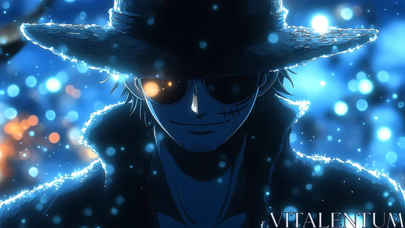 Silhouetted anime figure in hat amid blue bokeh lights.