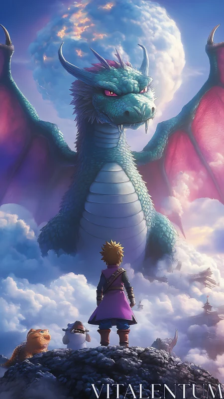 Child hero confronts colossal dragon above glowing clouds