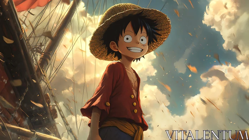 Anime pirate boy under dramatic sky on sailing ship deck.