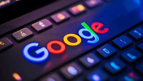 Google logo appears illuminated on a low-lit computer keyboard