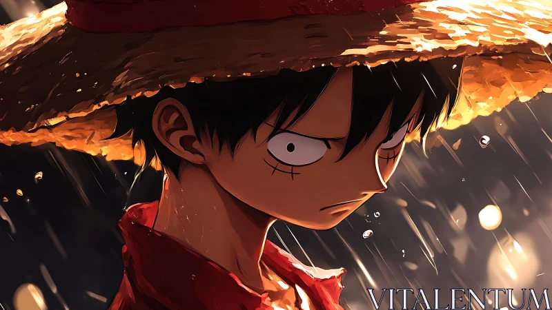 Stormlit straw-hat hero brooding beneath molten rainlight.