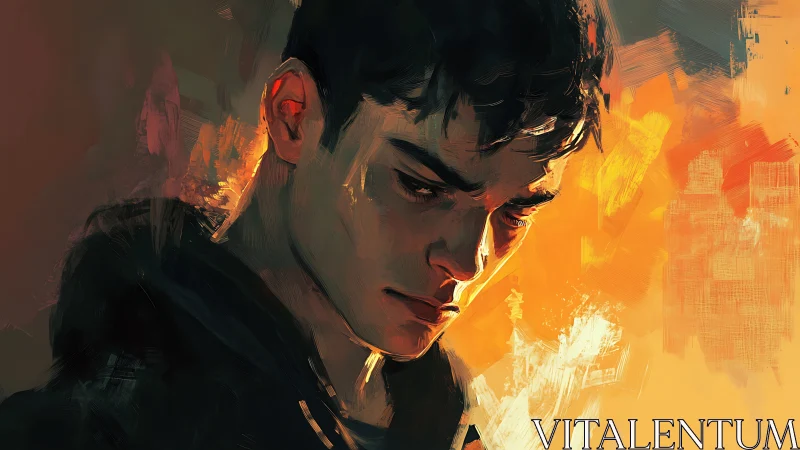 Brooding young man glows against vivid abstract firelight