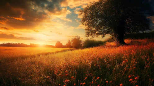 Golden meadow sunset bathes a lone tree in warm light