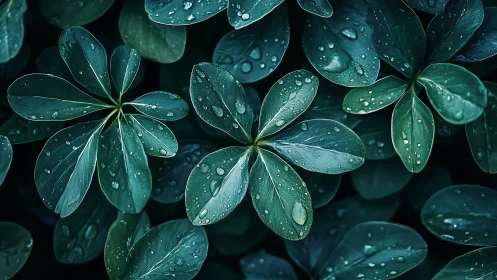 Gentle raindrops rest on lush green leaves in soft calm