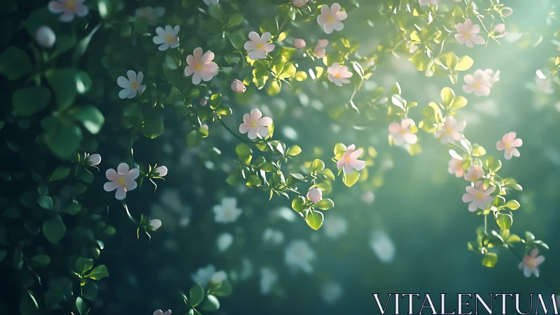 Pink blossoms on trailing foliage in soft natural light.