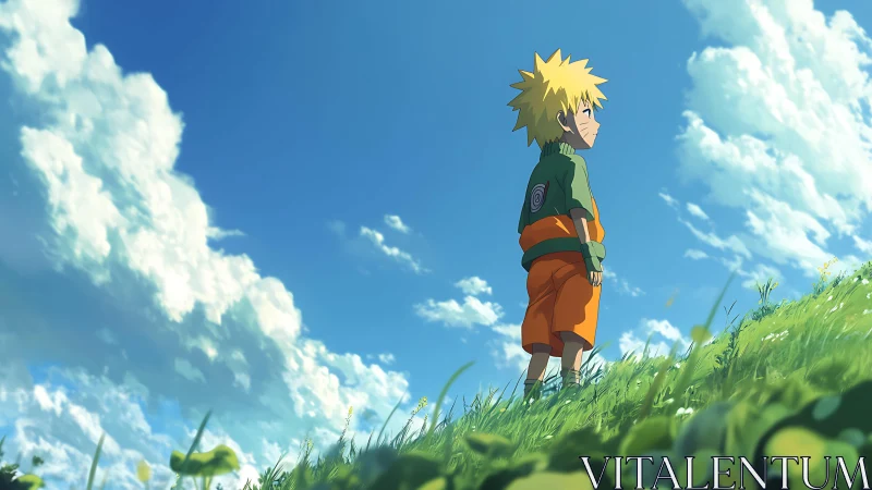 Youthful anime figure on sunlit hillside under cumulus sky.