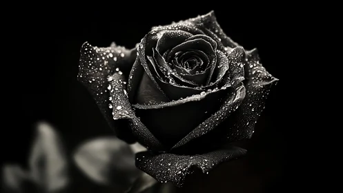 Single black rose holds glistening water droplets in darkness