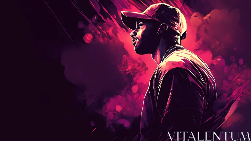 Neon-lit hip hop portrait glows in vivid magenta tones.