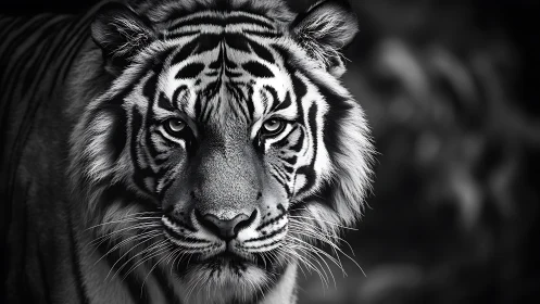 Quiet Power: Black and White Portrait of a Watchful Tiger.