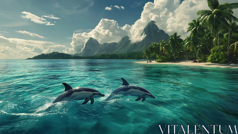Playful dolphins glide through turquoise tropical waters at dusk