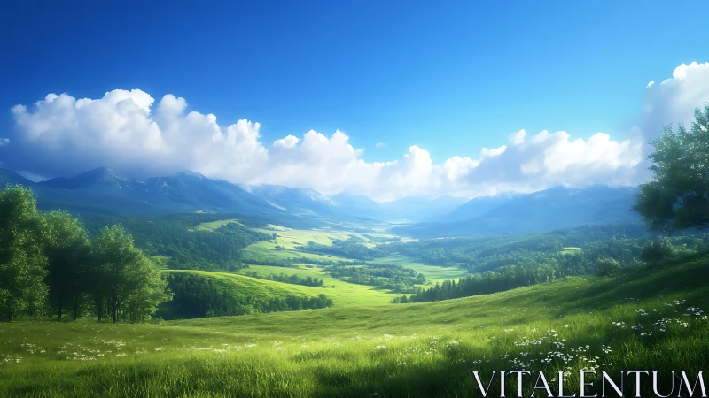 Luminous alpine valley panorama under deep blue sky.