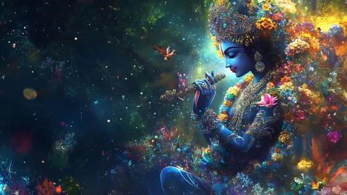 Blue-skinned divine figure plays flute amid dense cosmic flora