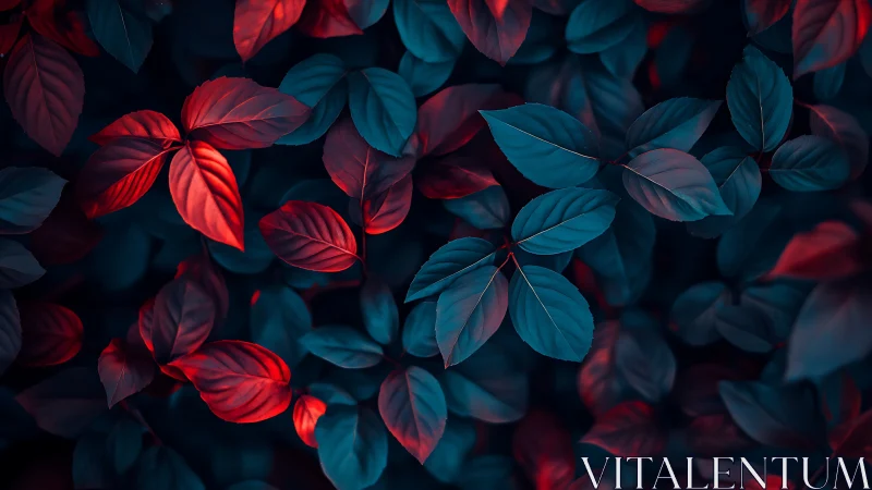 Red and blue leaves in contrasting neon style pattern.