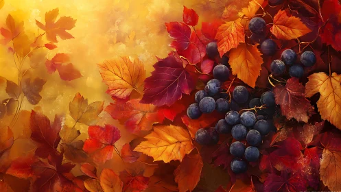 Grapes arranged among autumn leaves in warm light field.